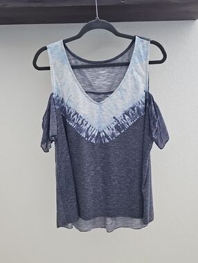 Sonoma Tie Dye Cold Shoulder High Low Short Sleeve Top Gray Blue White PXL